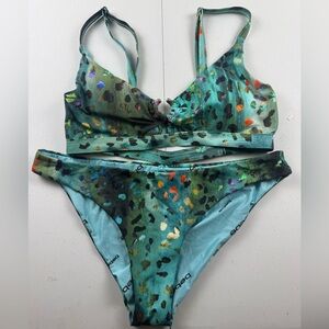 bebe Teal Green Leopard-Print Two-Piece Bikini with Multicolor Spots